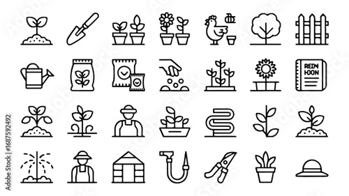 Gardening Icons Collection Black Line Design Showing Variety of Plants and Tools Needed
