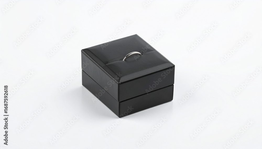 Fototapeta premium Engagement ring displayed in a black leather box on a white background