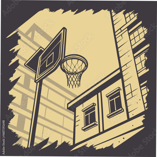 Urban Basketball Hoop And Buildings From Below court