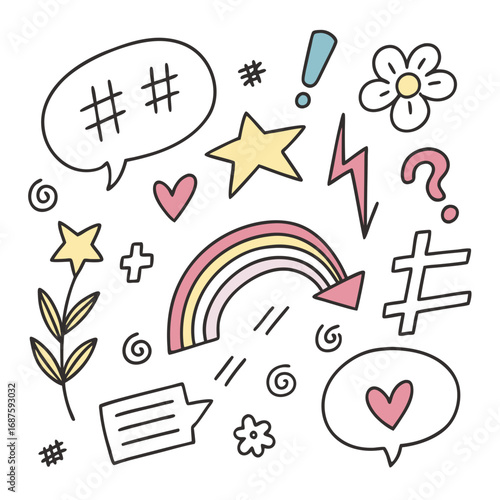 Fun doodle illustration of hand-drawn elements including hashtags stars rainbow and flowers vector