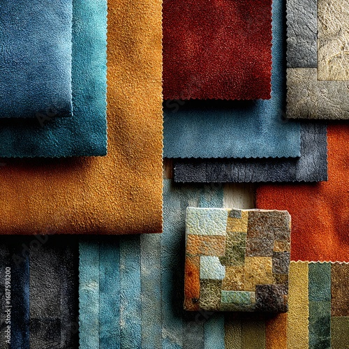 A collection of fabric swatches in various colors and textures, arranged in a visually appealing composition, perfect for showcasing design options and material possibilities