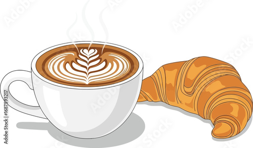 A cup of coffee with latte art and a croissant isolated on white background makes a delicious breakfast