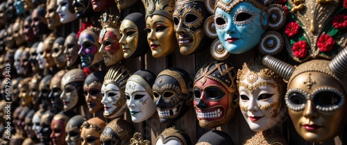 Vivid festival masks from events like carnival or Día de Muertos