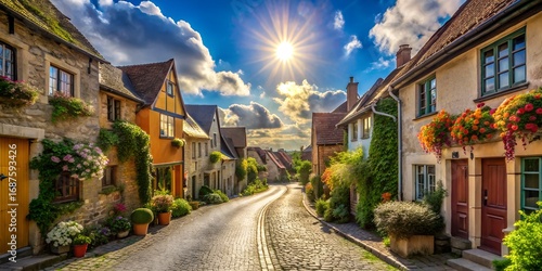 Charming street in rothenburg ob der tauber, germany, bathed in sunlight, showcasing medieval architecture, cobblestone road, and vibrant flowers adorning the picturesque buildings