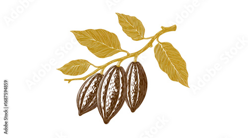 Cocoa Pods and Leaves A Golden Botanical Illustration of Chocolate Origins and Natural Elegance Art