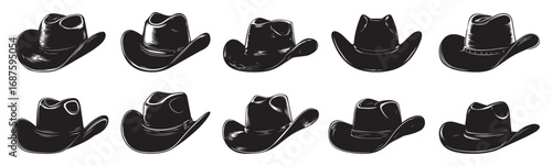 Cowboy Hat Icon Vector Set – Western Style Silhouettes. Western Cowboy Hat Vector Collection – Classic Icon Pack.
