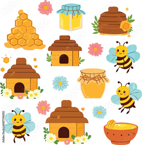 Cute bees and honeycomb collection for design white background