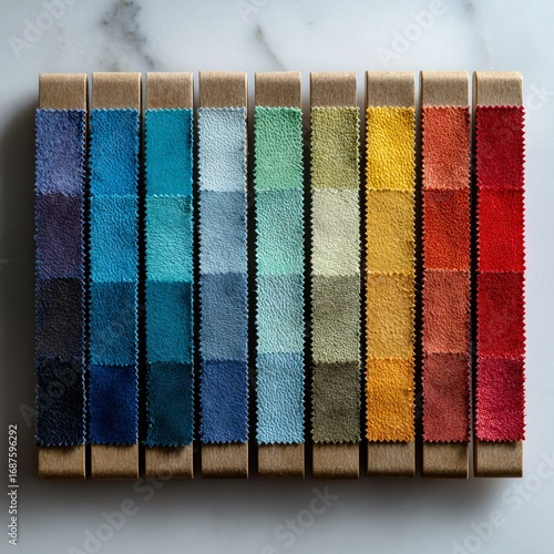 close up of colorful strips of pieces of cloth for display of color range and different shades