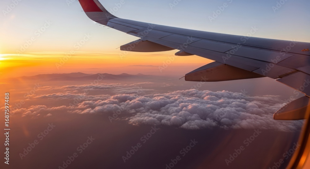 Obraz premium Airplane Wing Over Clouds at Sunset