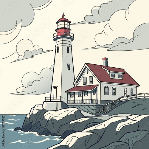 Iconic lighthouse stands tall on rocky coast with dramatic clouds and ocean waves creating a serene yet powerful coastal scene perfect for travel and nature themes