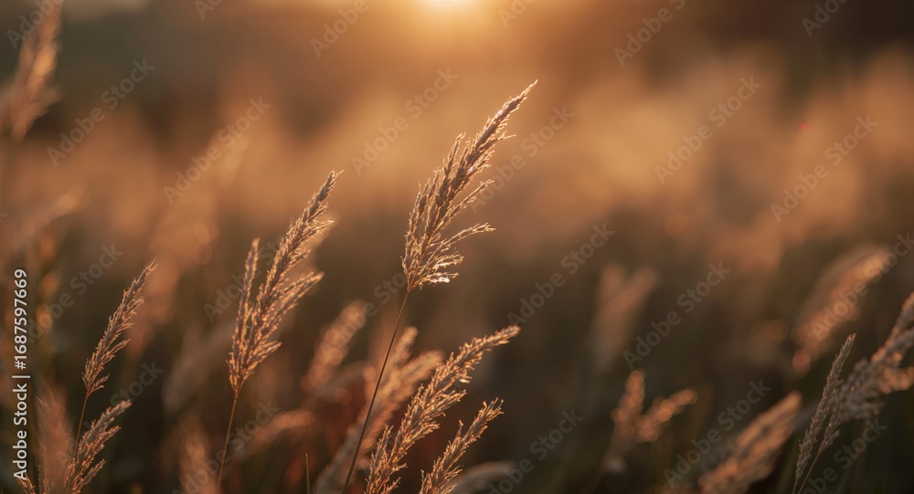 Fototapeta premium Golden Hour Meadow. A Study in Warm Light and Textured Grass Blades at Sunset.