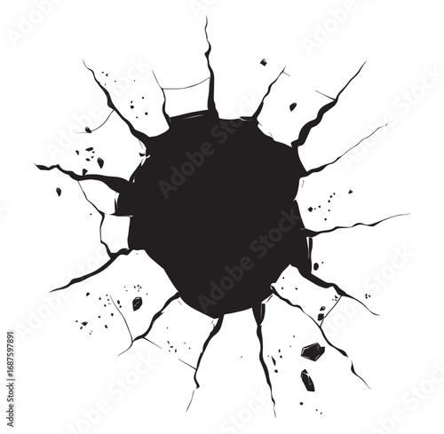 Cracked Wall Bullet Hole Vector Illustration. Broken Wall with Bullet Hole Vector Design