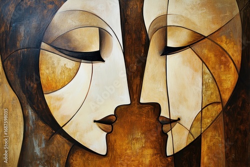 Abstract cubist painting expressive faces warm earthy tones fine art rich texture