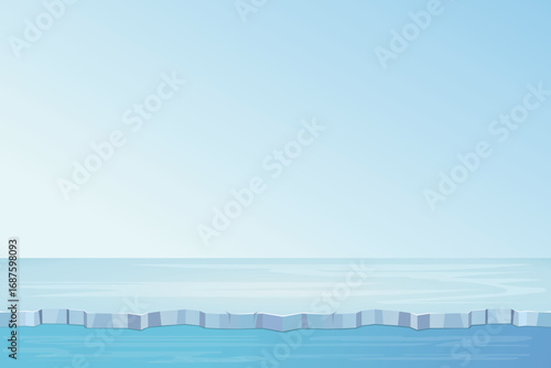 polar landscape featuring a jagged ice shelf, tranquil waters, and a clear blue sky. 
