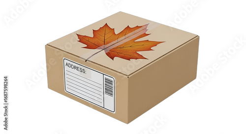 Autumn-themed delivery box with a vibrant maple leaf and address label, ideal for fall e-commerce promotions, seasonal gift shipping, Thanksgiving marketing, and harvest sale advertising.