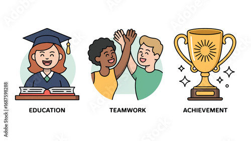 Illustrations of Education Teamwork and Achievement Representing Growth and Success in Different Areas of Life