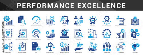A collection of icons focused on performance measurement, KPI, and continuous review for excellence and growth in organizational success.