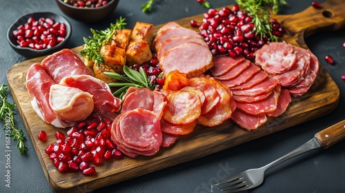 Charcuterie Platter With Assorted Meats, Fruits, and Herbs Arranged on a Wood...