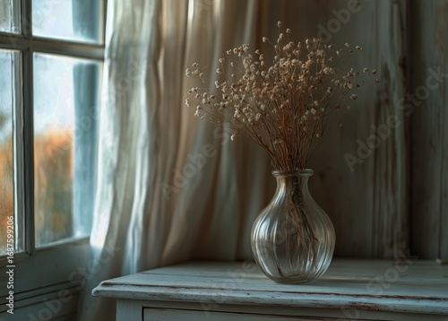 Dried Flowers in a Glass Vase by the Window With Soft Light and Flowing Curta...