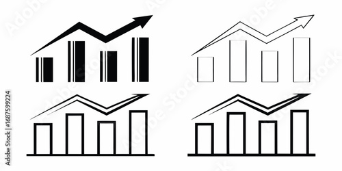 Four different styles of bar charts with upward trending arrows indicating growth and success