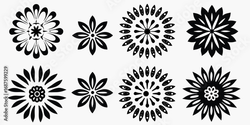 Collection of eight black stylized floral silhouettes on a white background