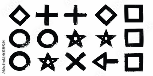 Collection of black grunge brush stroke geometric shapes including circles stars squares diamonds crosses and arrows