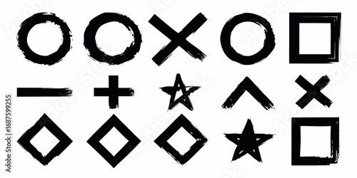 Collection of hand drawn black geometric shapes and symbols with a brushstroke texture on a white background