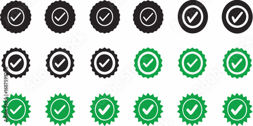 Collection of black and green checkmark badges or seals of approval on a white background