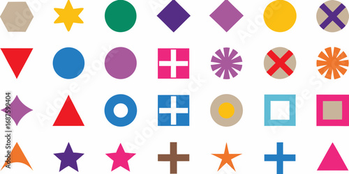 A vibrant collection of colorful geometric shapes and symbols arranged in a grid pattern