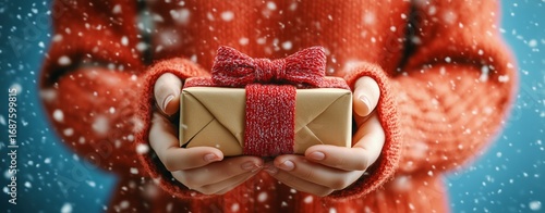 Winter Celebration With Gift Wrapped in Red Ribbon Held in Hands During Snowfall
