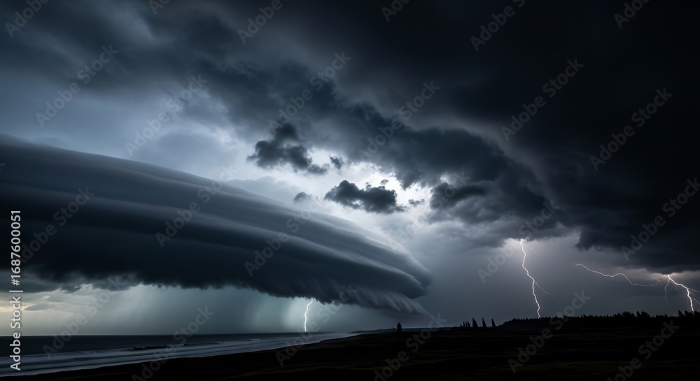 Fototapeta premium Coastal Supercell Storm with Lightning.