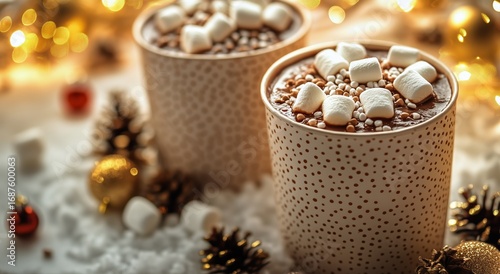 Cozy Hot Chocolate Cups With Marshmallows During Winter Festivities in a Warm...