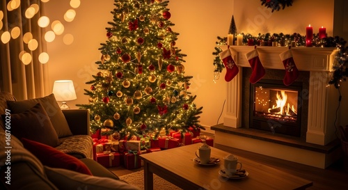 Cozy Christmas living room scene with glowing fireplace, decorated tree, and gifts under warm lamplight