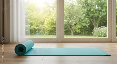 A turquoise yoga mat unrolled on a wooden floor near a window with garden view outside in daylight