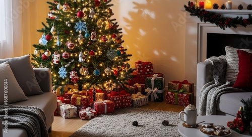 Cozy Christmas living room scene with glowing tree, fireplace, and festive gifts, creating warm holiday cheer II