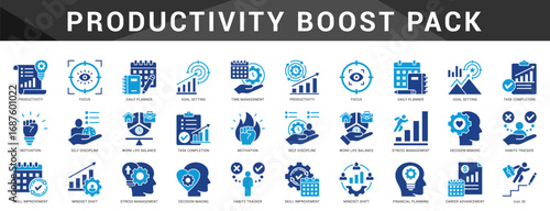 Productivity-boosting icons to optimize workflow, energy, and focus with visual tools for habits, goals, and daily planning.