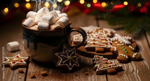 Cozy steaming hot chocolate topped with marshmallows surrounded by festive Christmas cookies and lights
