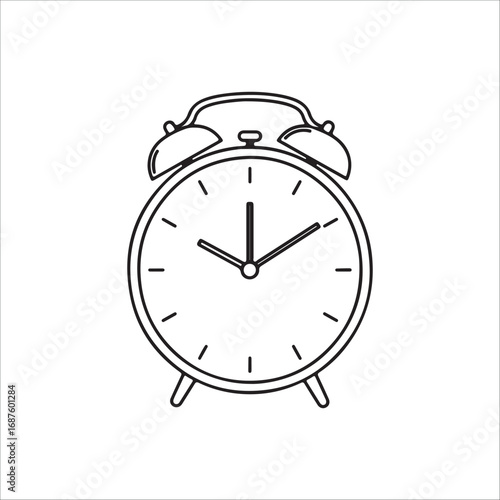 Simple alarm clock illustration vector graphic for presentations and icon design in black and white isolated on white background