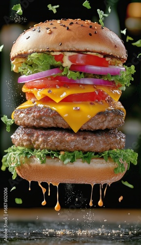 Delicious Towering Burger With Layers of Beef, Cheese, and Fresh Vegetables o...
