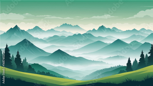 Sunrise over a beautiful mountain landscape with a foggy valley