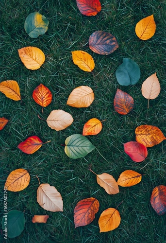 Colorful Autumn Leaves Scattered on Green Grass During a Sunny Afternoon.