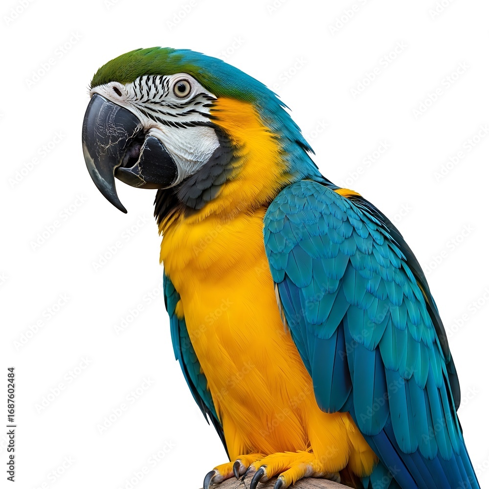 Fototapeta premium Vibrant Blue and Yellow Macaw Parrot Perched on a Branch.