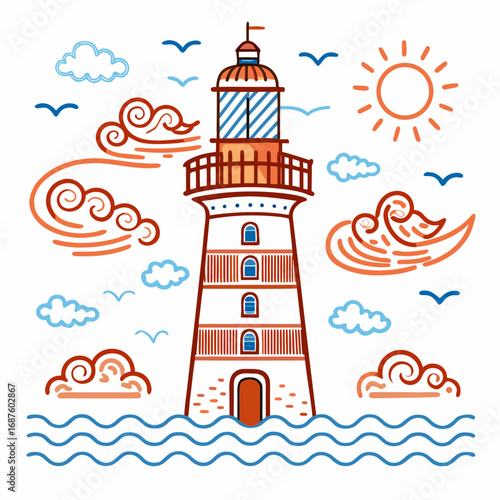 Charming lighthouse stands tall guiding ships through sunny seas with swirling clouds and playful birds creating a whimsical nautical scene perfect for coastal decor and summer themes