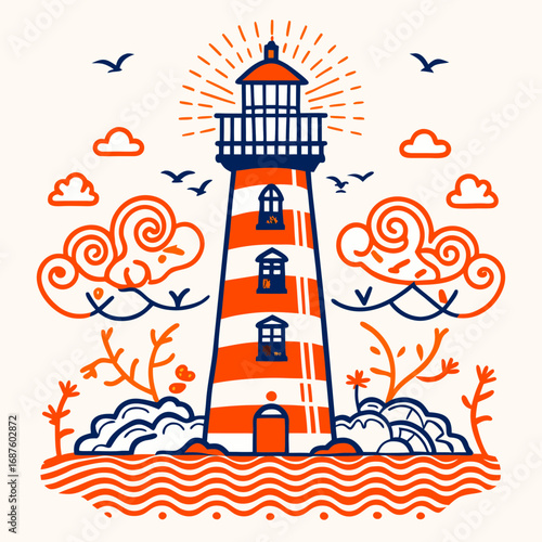 Vibrant coastal lighthouse guides ships with radiating light against a backdrop of stylized clouds and soaring birds, evoking a sense of safety and adventure at sea.
