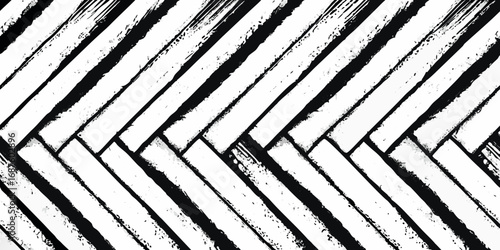Abstract black and white diagonal herringbone pattern with textured brush strokes
