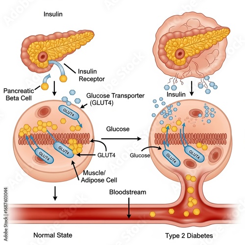 Diagram showing normal insulin signaling vs type 2 diabetes with impaired GLUT4 glucose transport, insulin resistance and high blood sugar.