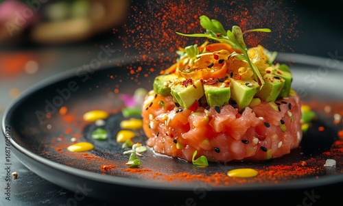 Exquisite Culinary Creation Featuring Fresh Tuna, Avocado, and Colorful Garni...