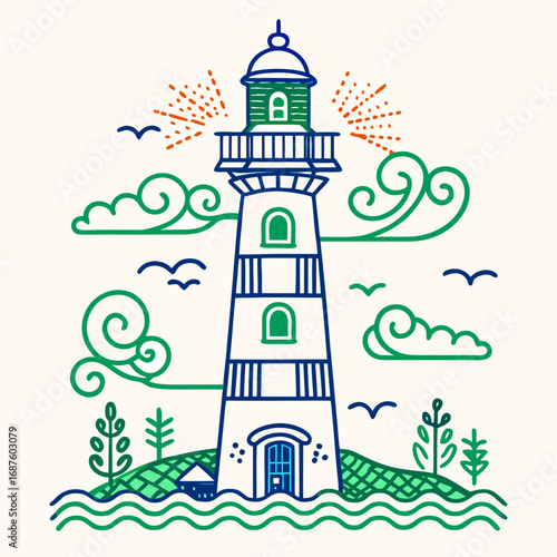 Iconic lighthouse guides ships safely through stormy seas with guiding light and serene coastal landscape, symbolizing hope and navigation