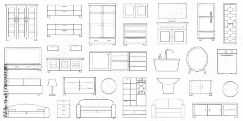 Collection of hand drawn furniture and home appliances in a clean line art style