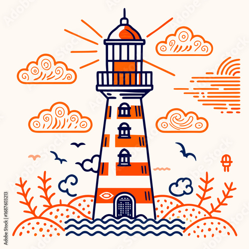 Whimsical lighthouse guides ships through vibrant orange clouds and calm blue waters with playful seagulls soaring above coastal landscape